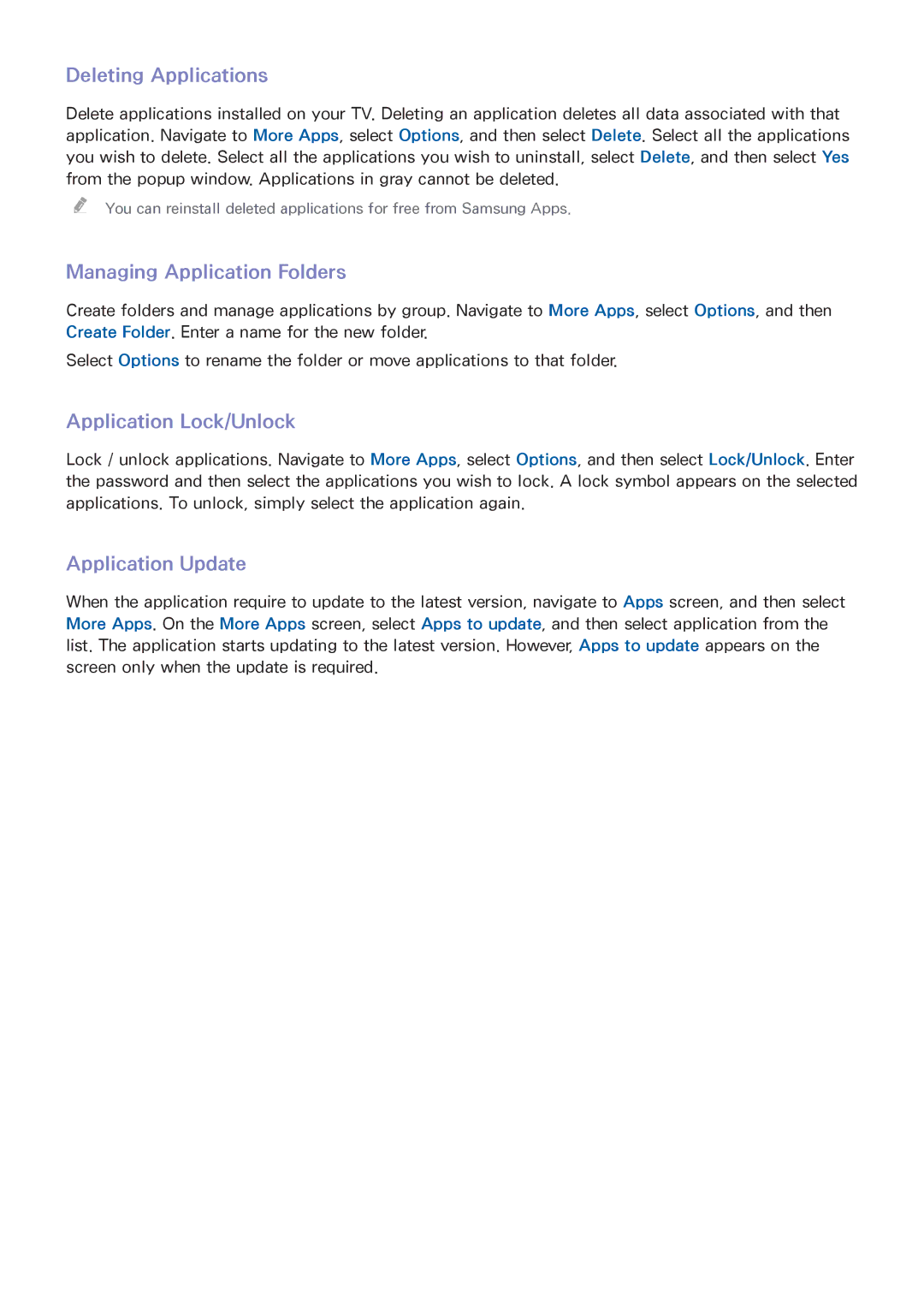 Samsung UA65F6400AMXSQ Deleting Applications, Managing Application Folders, Application Lock/Unlock, Application Update 