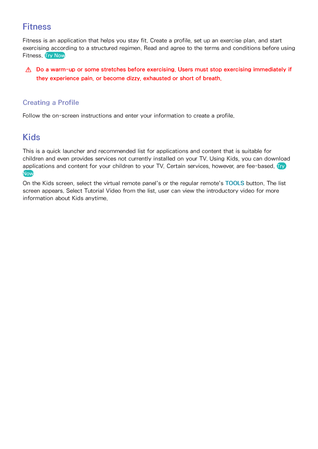 Samsung UA50F6800AMXSQ, UA40F5500AMXXS, UA40F5300AMXSQ, UA65F6400AMXSQ, UA46F5300AMXSQ manual Fitness, Kids, Creating a Profile 