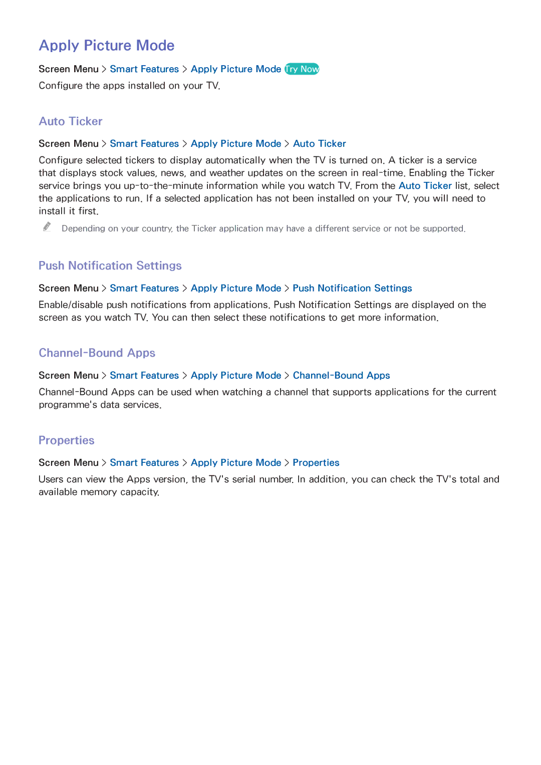 Samsung UA50F6400AMXSQ manual Apply Picture Mode, Auto Ticker, Push Notification Settings, Channel-Bound Apps, Properties 