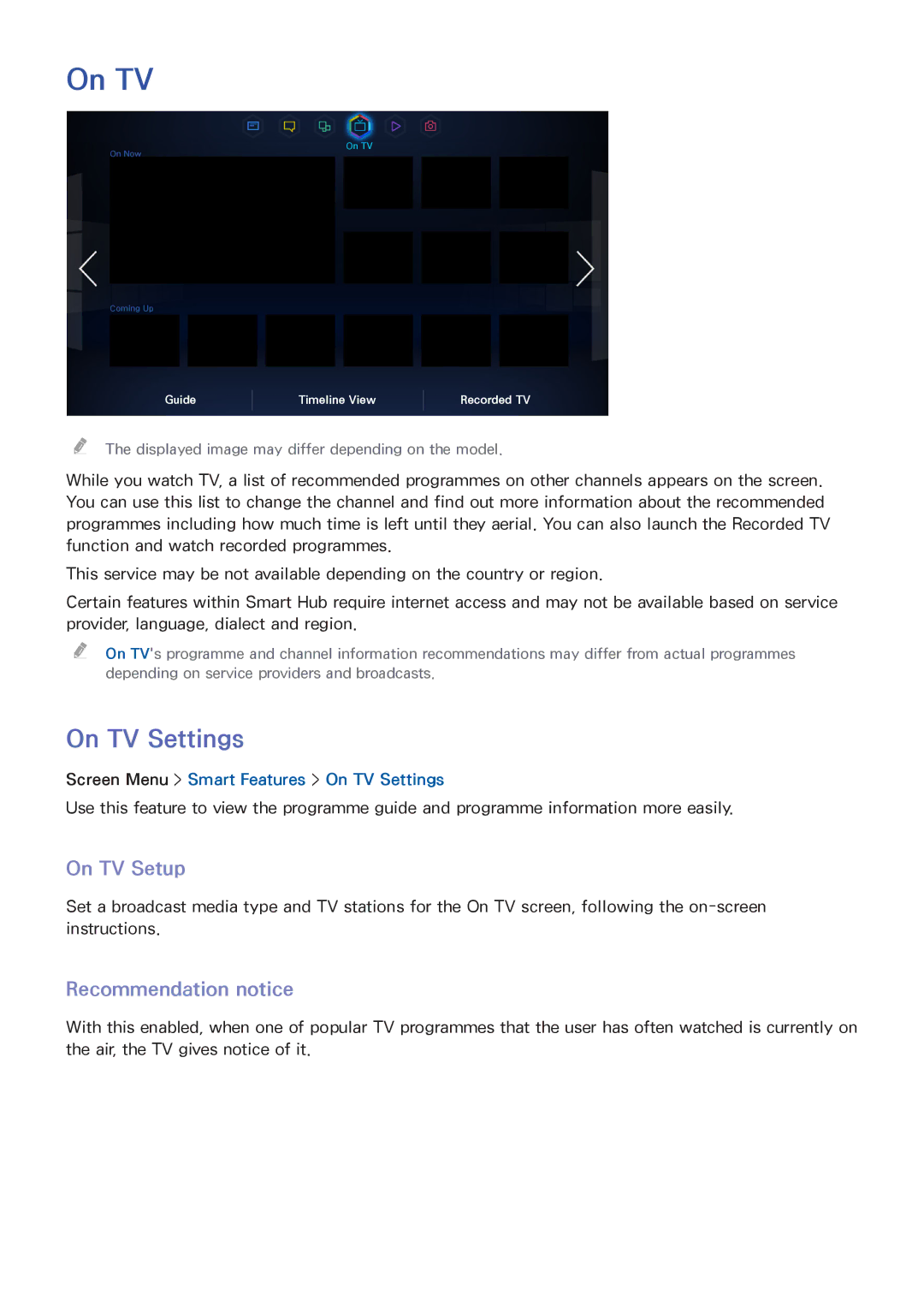 Samsung UA32F5300AMXSQ manual On TV Setup, Recommendation notice, Screen Menu Smart Features On TV Settings 