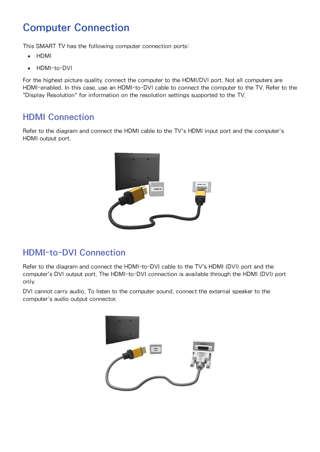 Samsung UA46ES7100MXSQ, UA40F5500AMXXS, UA40F5300AMXSQ, UA65F6400AMXSQ manual Computer Connection, HDMI-to-DVI Connection 