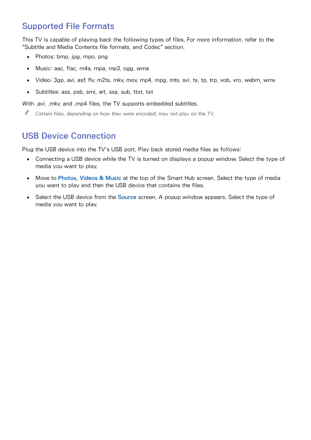 Samsung UA46F6400AMXSQ, UA40F5500AMXXS, UA40F5300AMXSQ, UA65F6400AMXSQ manual Supported File Formats, USB Device Connection 