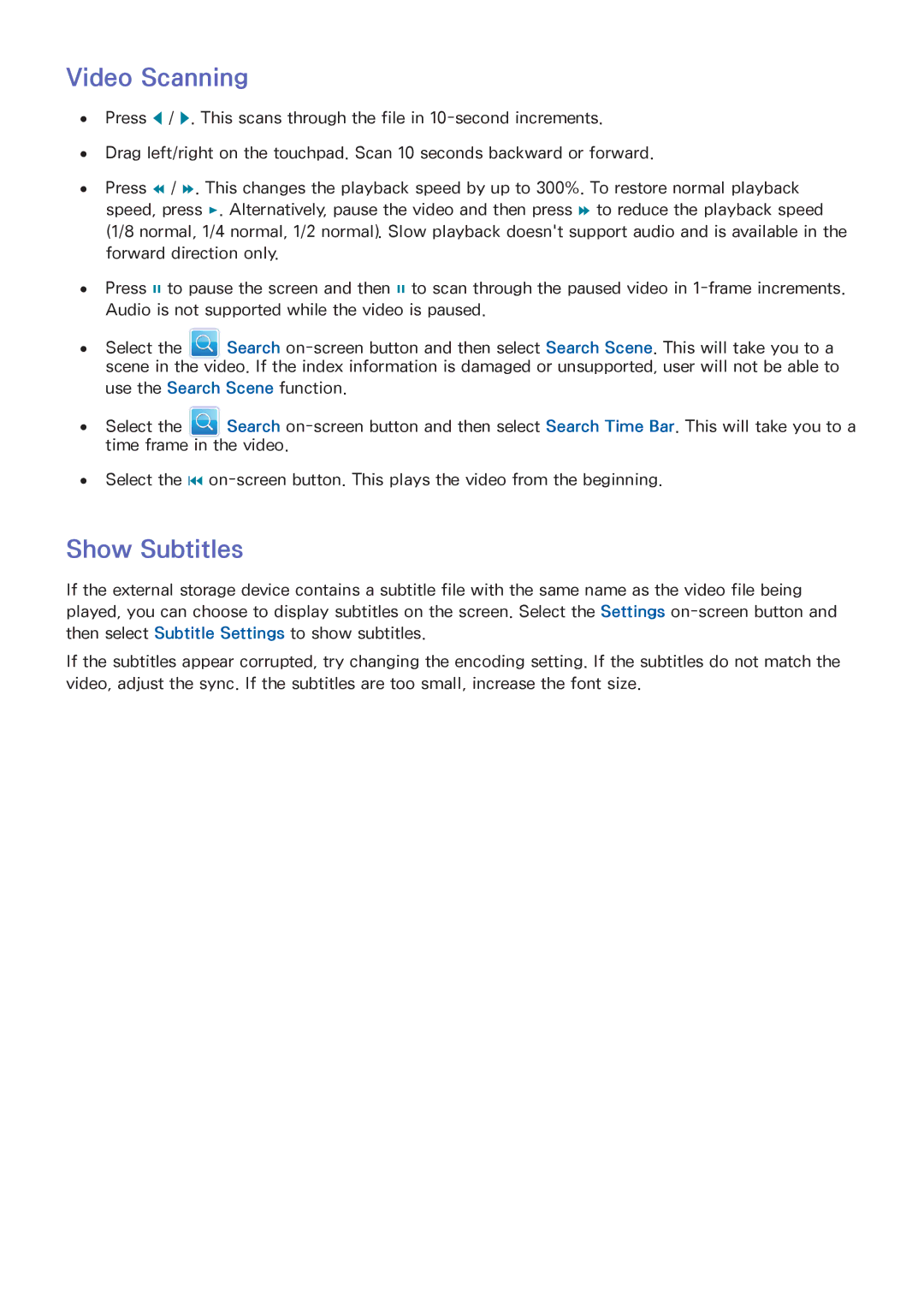 Samsung UA40F5500AMXSQ, UA40F5500AMXXS, UA40F5300AMXSQ, UA65F6400AMXSQ, UA50F6800AMXSQ manual Video Scanning, Show Subtitles 
