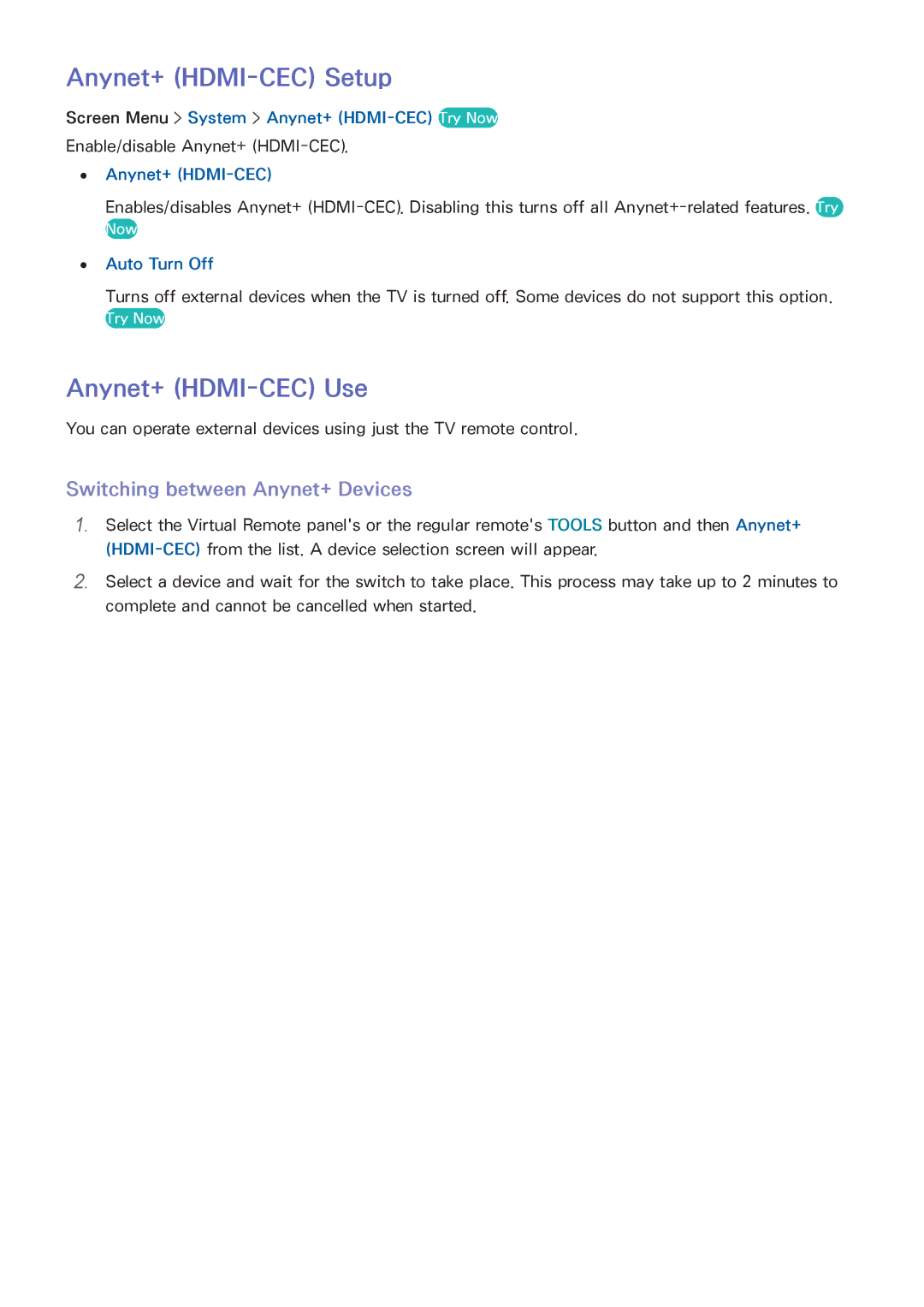 Samsung UA50F6400AMXSQ Anynet+ HDMI-CEC Setup, Anynet+ HDMI-CEC Use, Switching between Anynet+ Devices, Auto Turn Off 