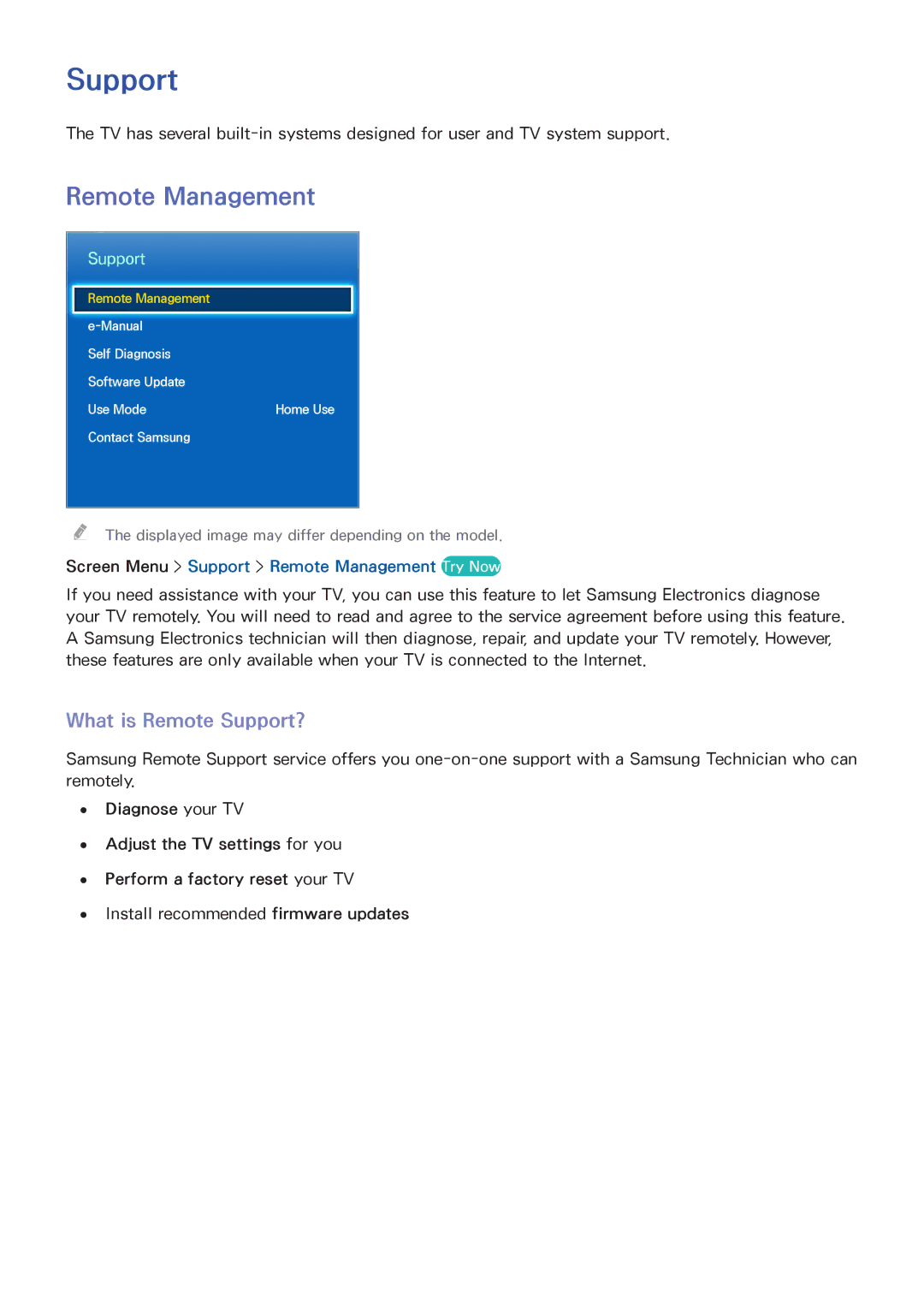 Samsung UA55F6400AMXSQ, UA40F5500AMXXS manual What is Remote Support?, Screen Menu Support Remote Management Try Now 
