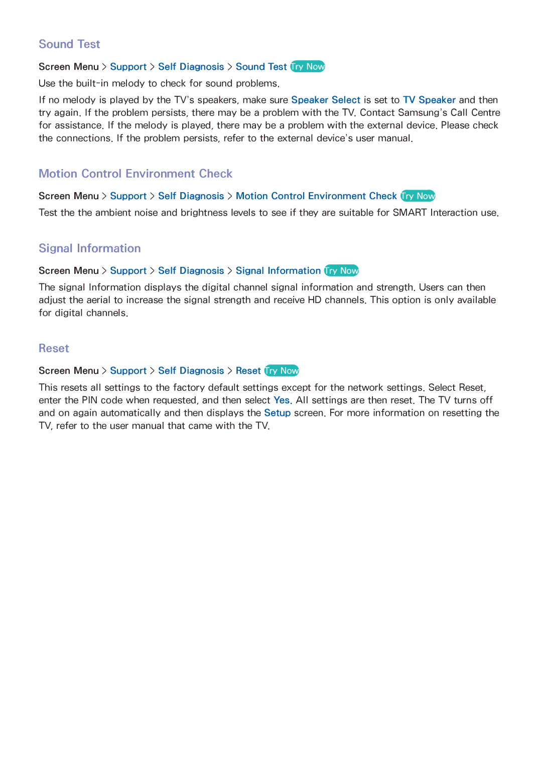 Samsung UA40F6400AMXSQ, UA40F5500AMXXS manual Sound Test, Motion Control Environment Check, Signal Information, Reset 