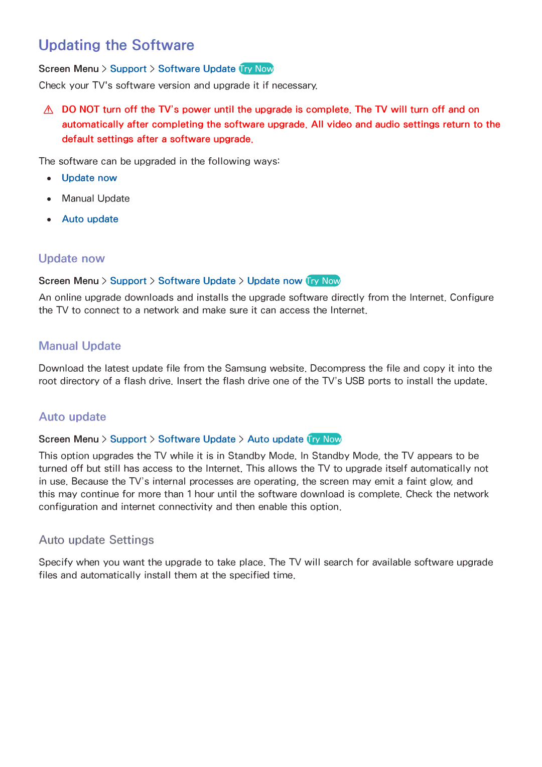 Samsung UA40F6510AMXSQ, UA40F5500AMXXS, UA40F5300AMXSQ manual Updating the Software, Update now, Manual Update, Auto update 