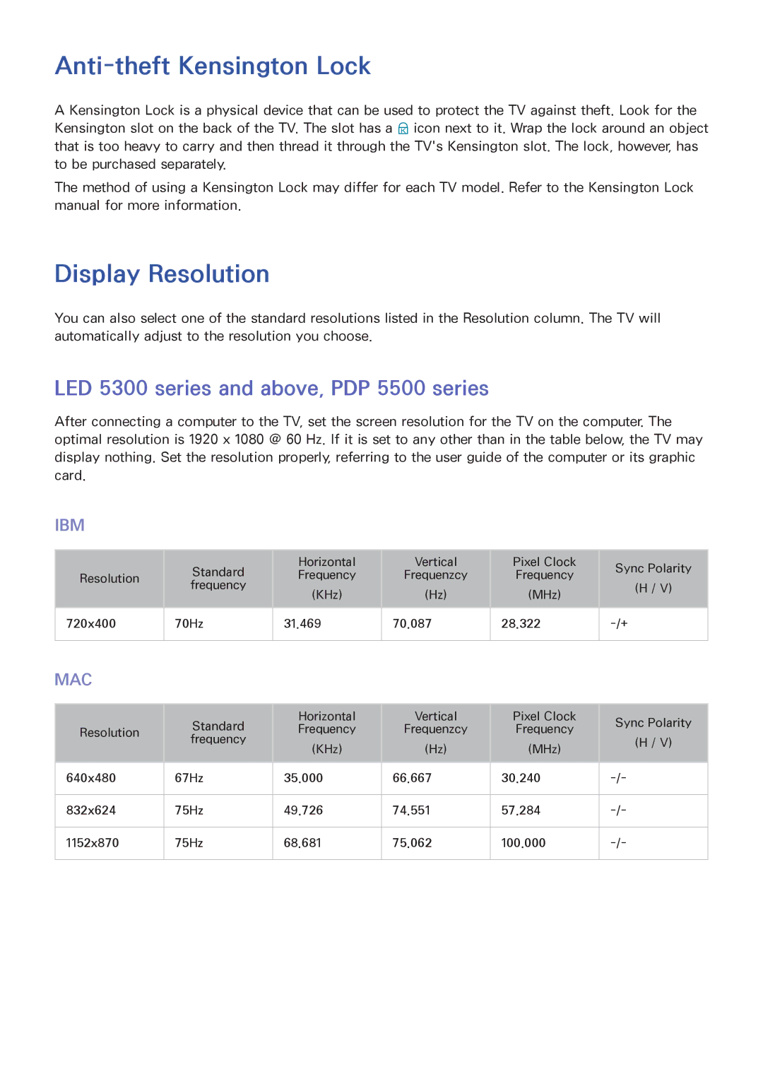 Samsung UA46ES7100MXSQ manual Anti-theft Kensington Lock, Display Resolution, LED 5300 series and above, PDP 5500 series 