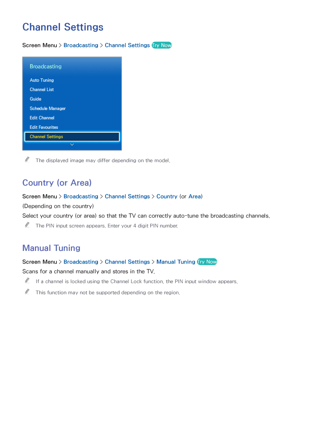 Samsung UA46F6800AMXSQ manual Country or Area, Manual Tuning, Screen Menu Broadcasting Channel Settings Try Now 