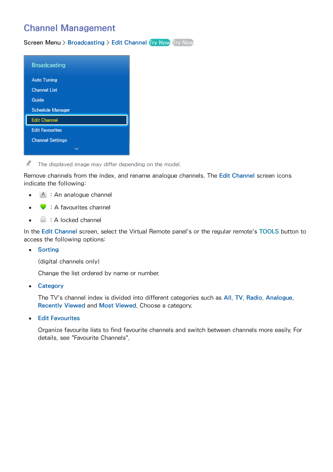 Samsung UA40F5300AMXSQ manual Channel Management, Screen Menu Broadcasting Edit Channel Try Now Try Now, Sorting, Category 