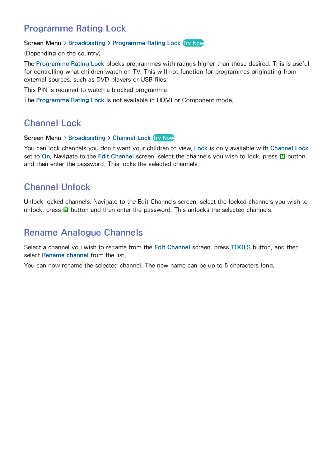 Samsung UA50F6800AMXSQ, UA40F5500AMXXS manual Programme Rating Lock, Channel Lock, Channel Unlock, Rename Analogue Channels 