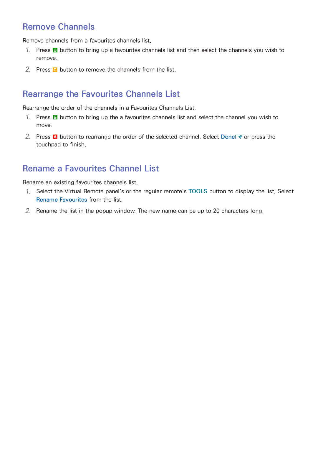Samsung UA50F6400AMXSQ, UA40F5500AMXXS manual Rearrange the Favourites Channels List, Rename a Favourites Channel List 