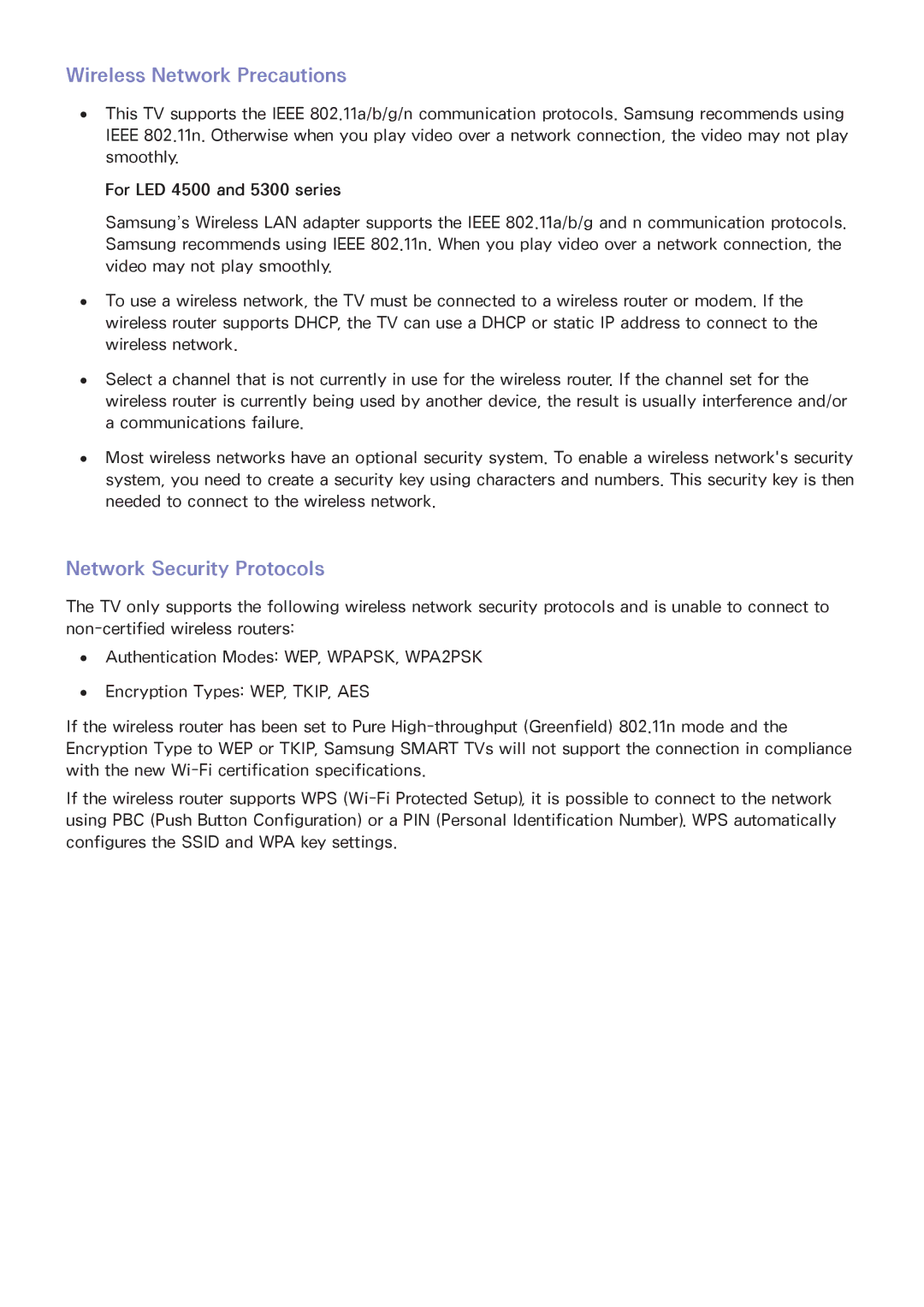 Samsung UA32F4500AMXSQ, UA40F5500AMXXS, UA40F5300AMXSQ manual Wireless Network Precautions, Network Security Protocols 