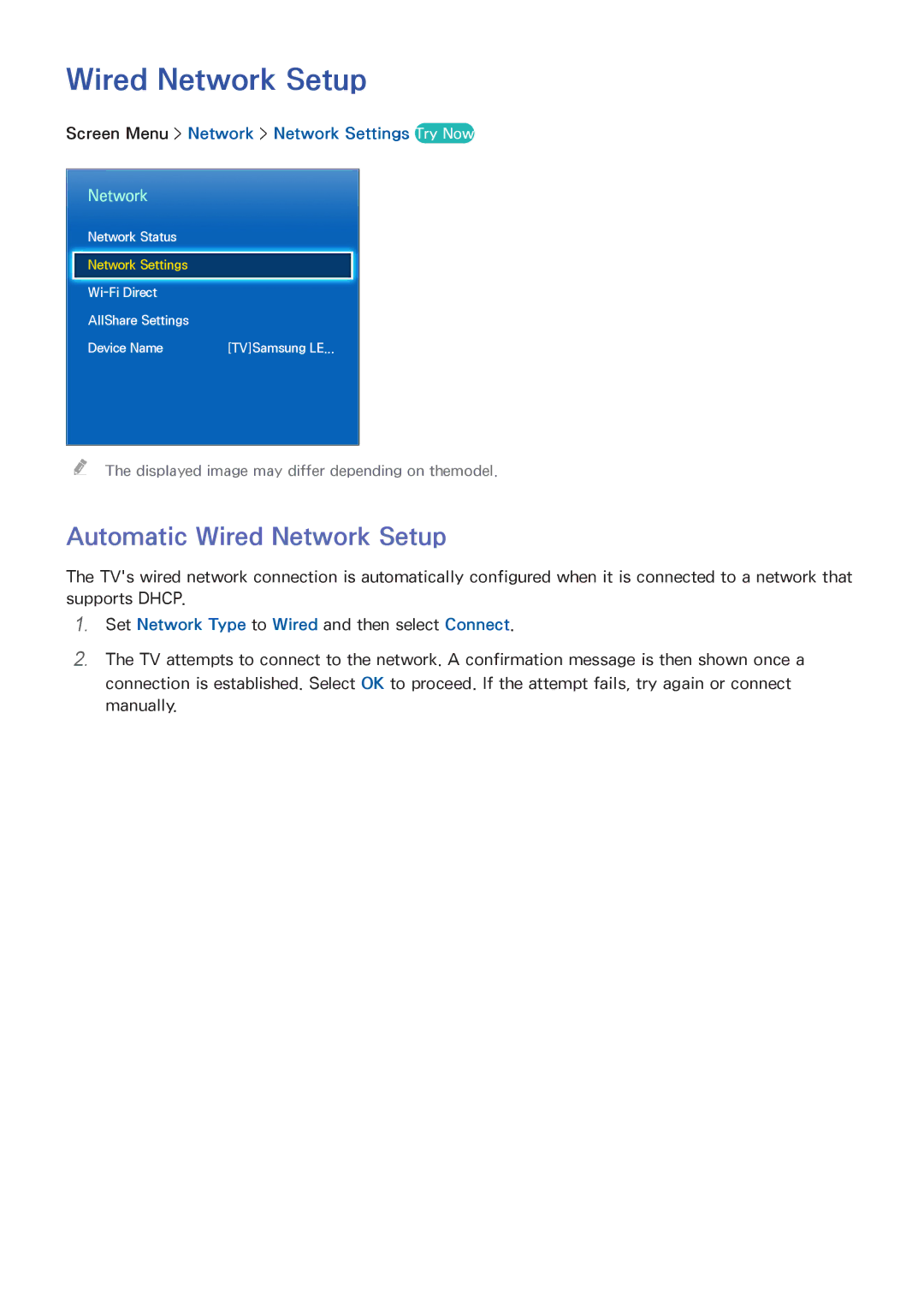 Samsung UA46F5500AMXSQ, UA40F5500AMXXS Automatic Wired Network Setup, Screen Menu Network Network Settings Try Now 