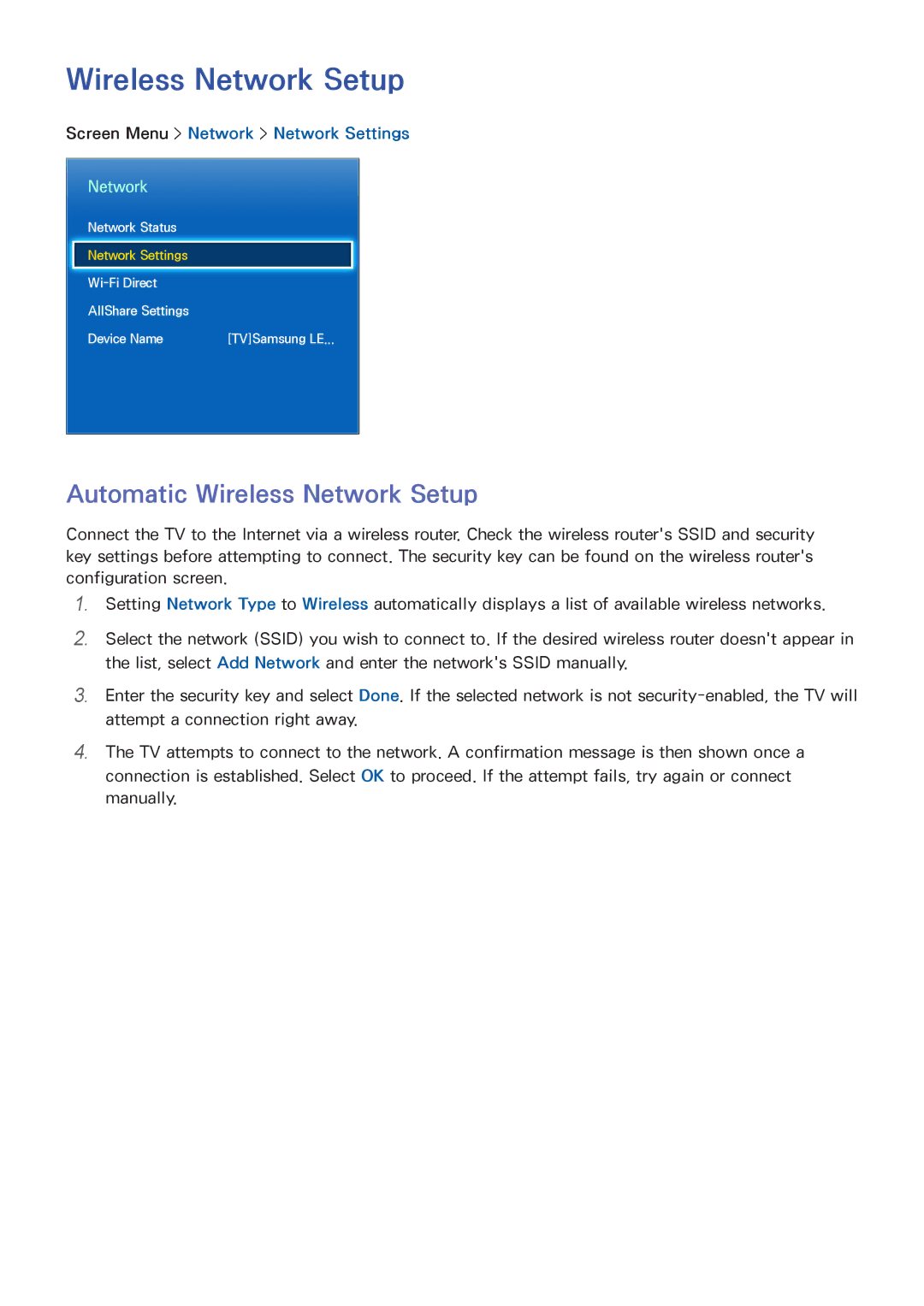 Samsung UA55ES7100MXSQ, UA40F5500AMXXS manual Automatic Wireless Network Setup, Screen Menu Network Network Settings 