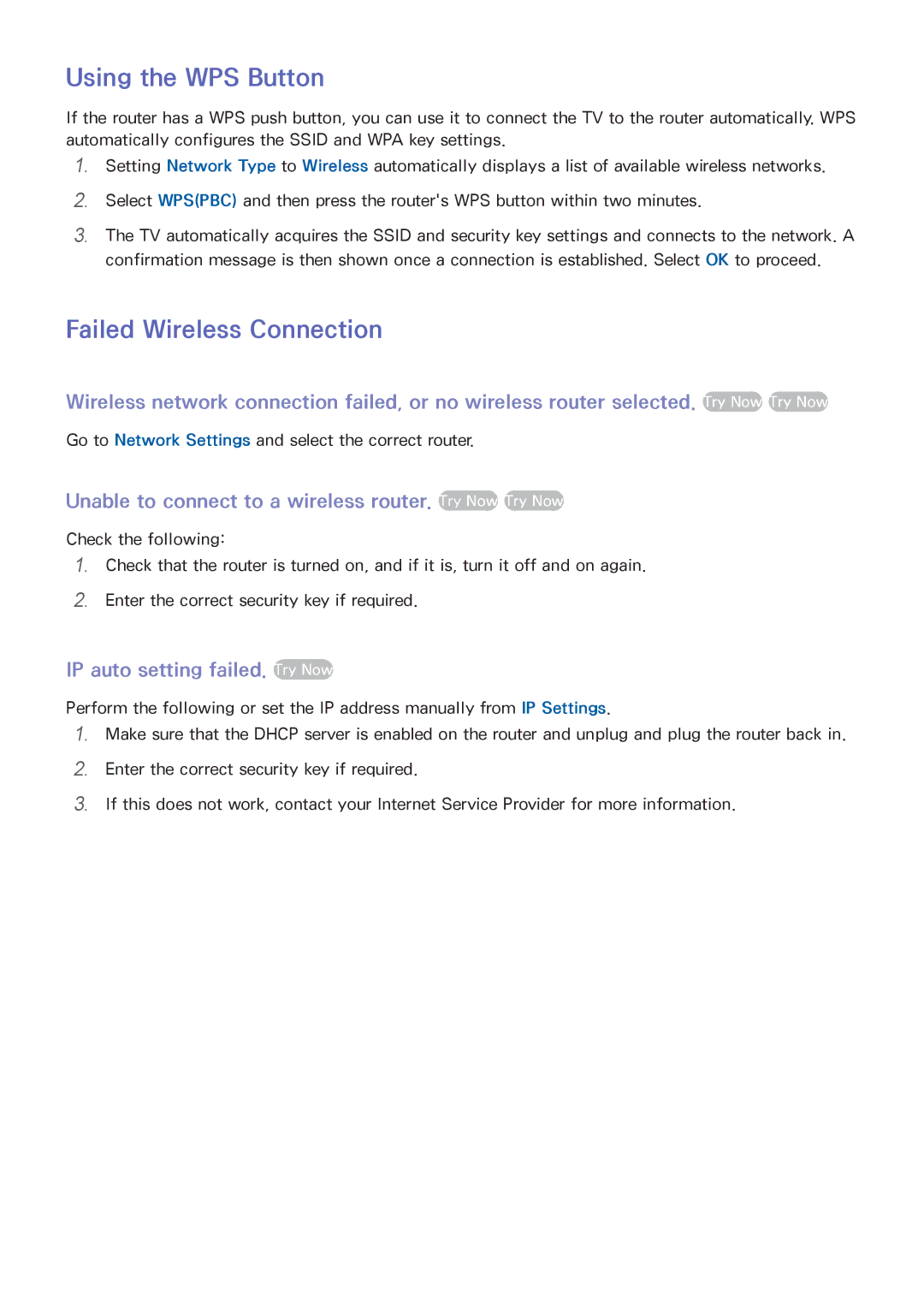 Samsung UA75F6400AMXSQ, UA40F5500AMXXS Using the WPS Button, Failed Wireless Connection, IP auto setting failed. Try Now 