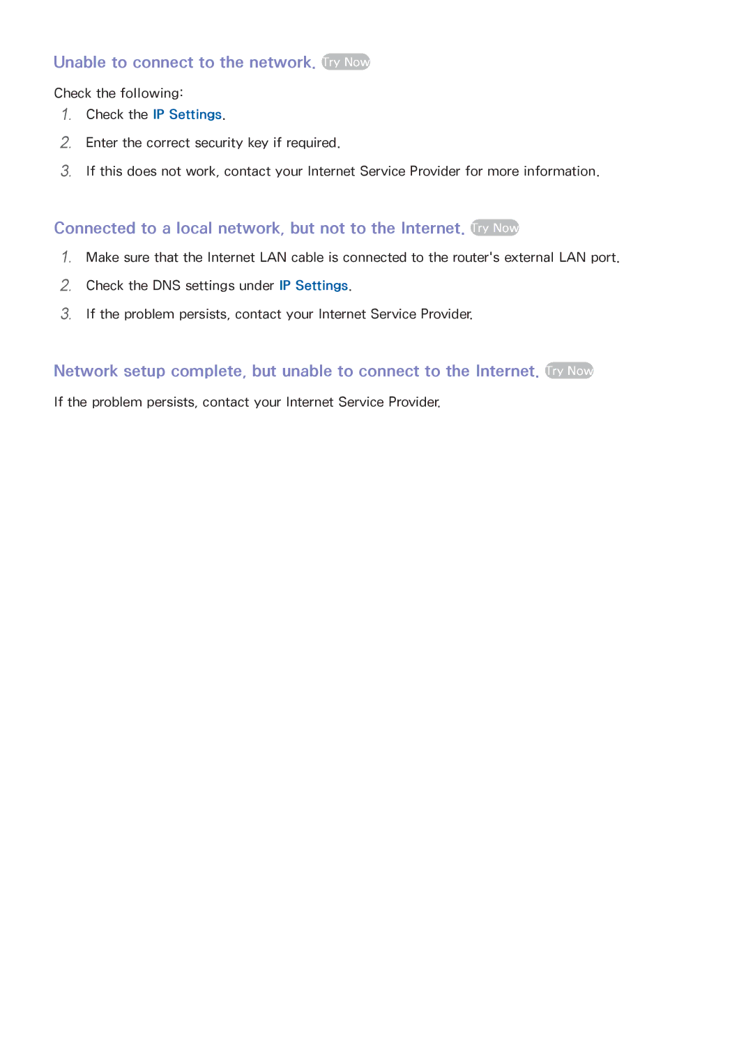 Samsung UA40F5500AMXSQ, UA40F5500AMXXS, UA40F5300AMXSQ, UA65F6400AMXSQ manual Unable to connect to the network. Try Now 