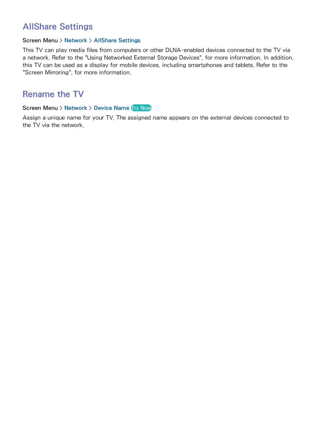 Samsung UA40F5500AMXXS Rename the TV, Screen Menu Network AllShare Settings, Screen Menu Network Device Name Try Now 