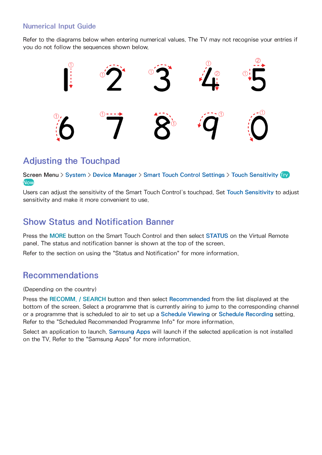 Samsung UA40F6400AMXSQ Adjusting the Touchpad, Show Status and Notification Banner, Recommendations, Numerical Input Guide 