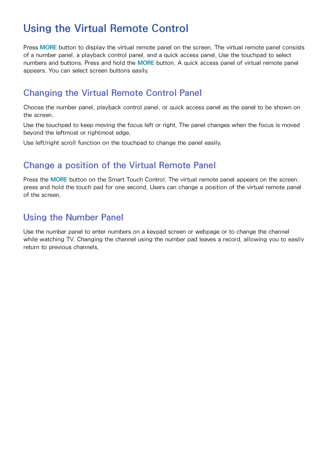 Samsung UA46F6400AMXSQ Using the Virtual Remote Control, Changing the Virtual Remote Control Panel, Using the Number Panel 