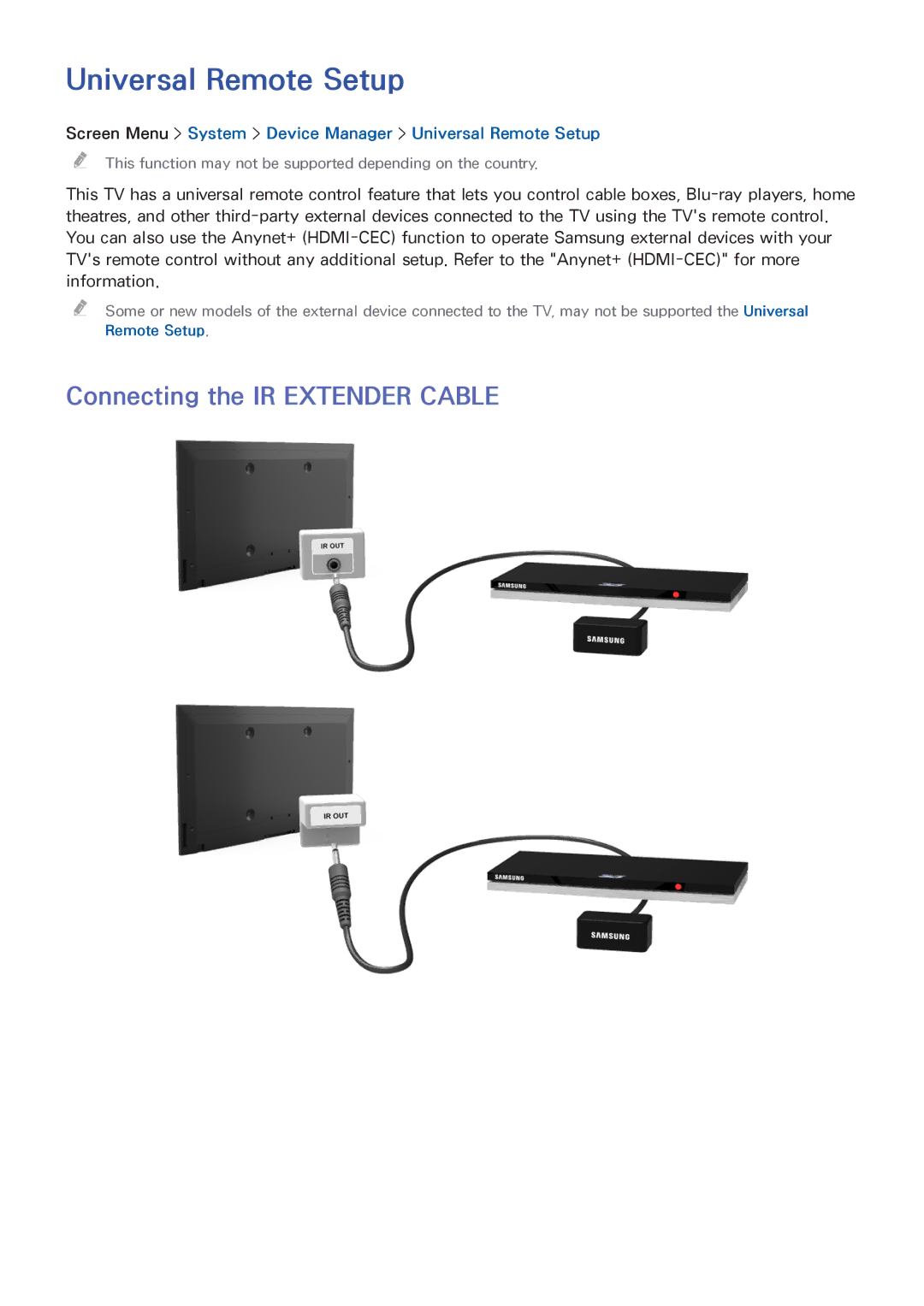 Samsung UA60F6400AMXSQ, UA40F5500AMXXS, UA40F5300AMXSQ manual Universal Remote Setup, Connecting the IR Extender Cable 