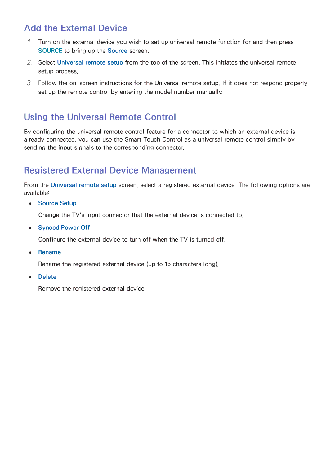 Samsung UA75F6400AMXSQ Add the External Device, Using the Universal Remote Control, Registered External Device Management 