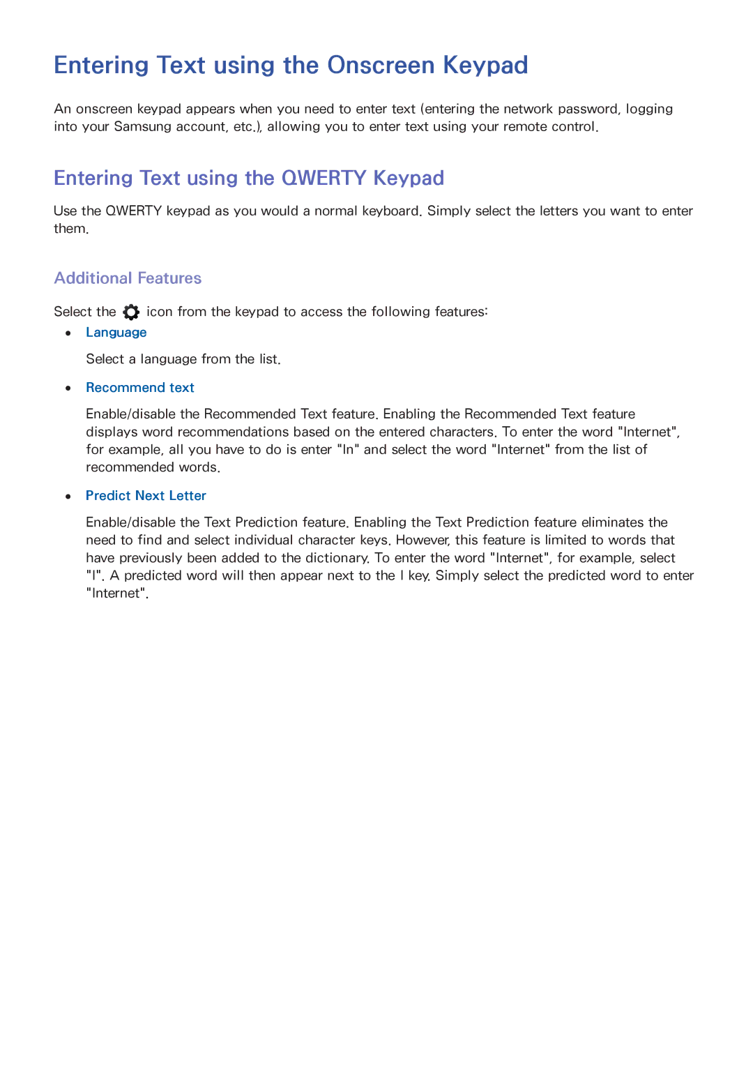 Samsung UA40F5500AMXSQ Entering Text using the Onscreen Keypad, Entering Text using the Qwerty Keypad, Additional Features 