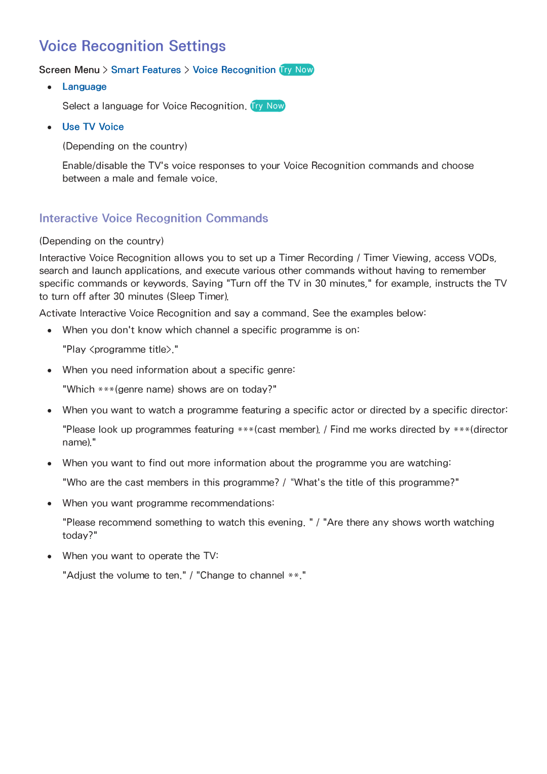Samsung UA50F6800AMXSQ, UA40F5500AMXXS Voice Recognition Settings, Interactive Voice Recognition Commands, Use TV Voice 