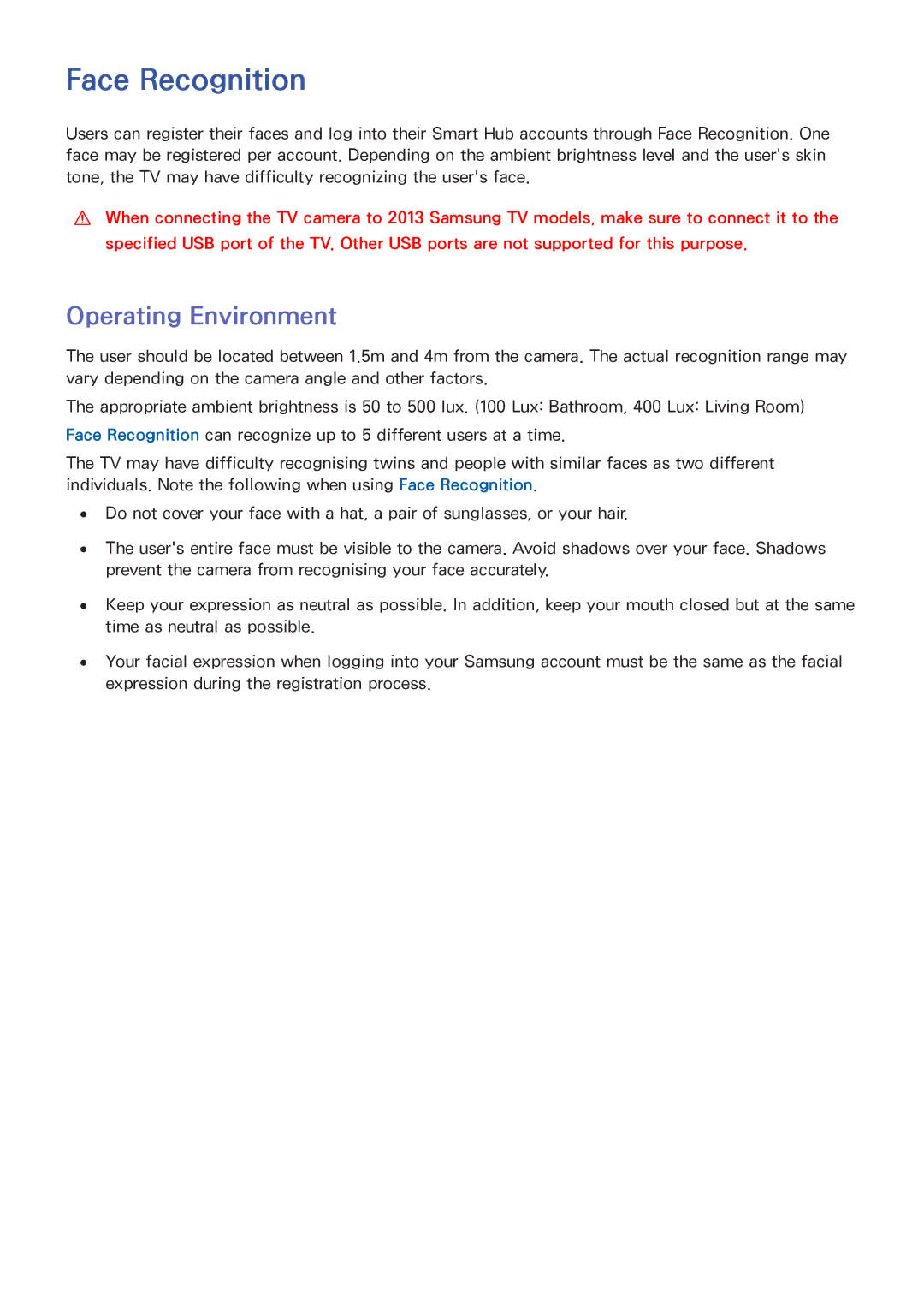Samsung UA40F6510AMXSQ, UA40F5500AMXXS, UA40F5300AMXSQ, UA65F6400AMXSQ manual Face Recognition, Operating Environment 