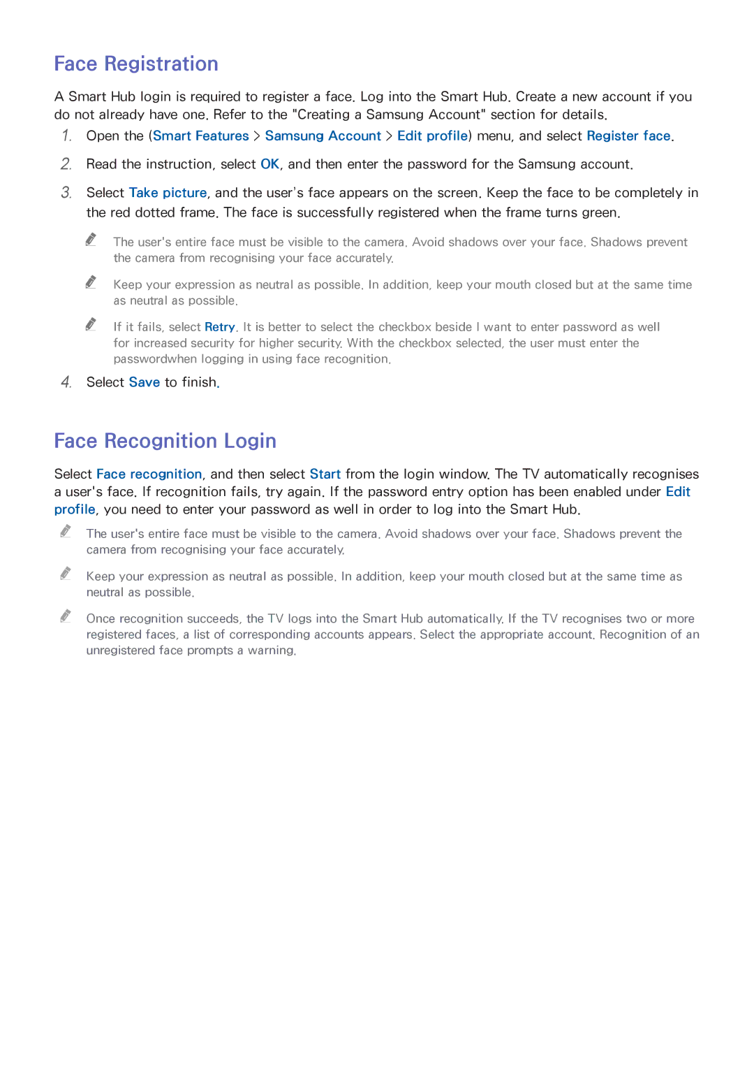 Samsung UA46F6400AMXSQ, UA40F5500AMXXS, UA40F5300AMXSQ, UA65F6400AMXSQ manual Face Registration, Face Recognition Login 