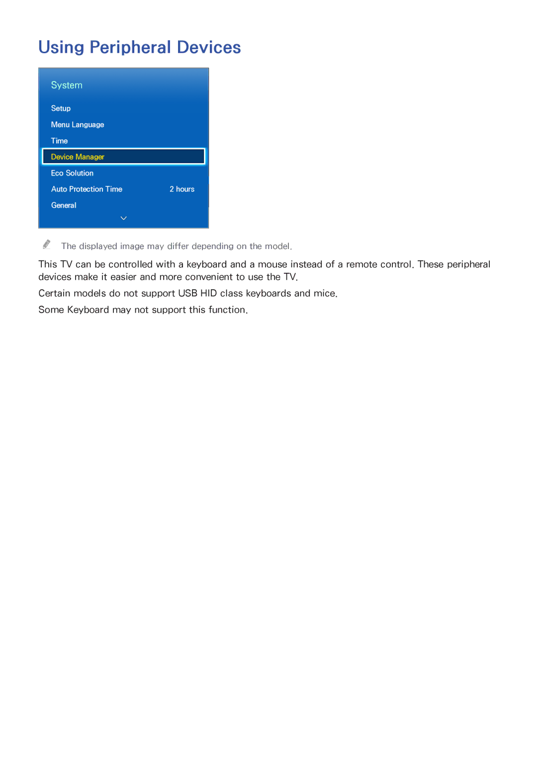 Samsung UA55ES7100MXSQ, UA40F5500AMXXS, UA40F5300AMXSQ, UA65F6400AMXSQ, UA50F6800AMXSQ manual Using Peripheral Devices, System 