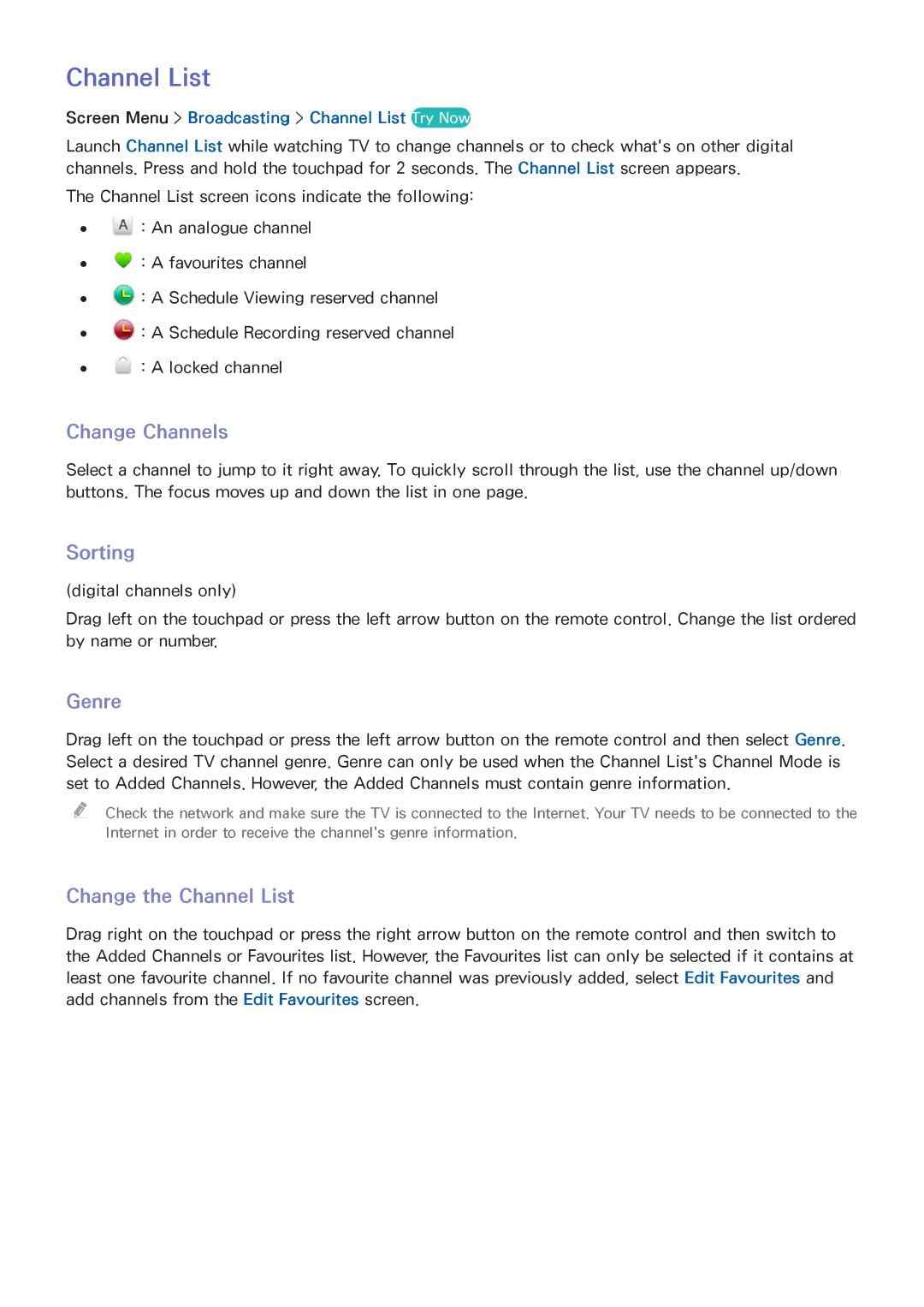 Samsung UA50F5500AMXSQ manual Sorting, Genre, Change the Channel List, Screen Menu Broadcasting Channel List Try Now 