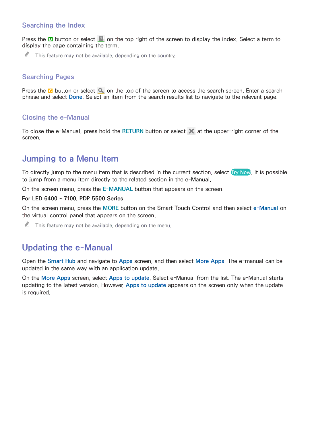 Samsung UA32F4500AMXSQ, UA40F5500AMXXS Jumping to a Menu Item, Updating the e-Manual, Searching the Index, Searching Pages 