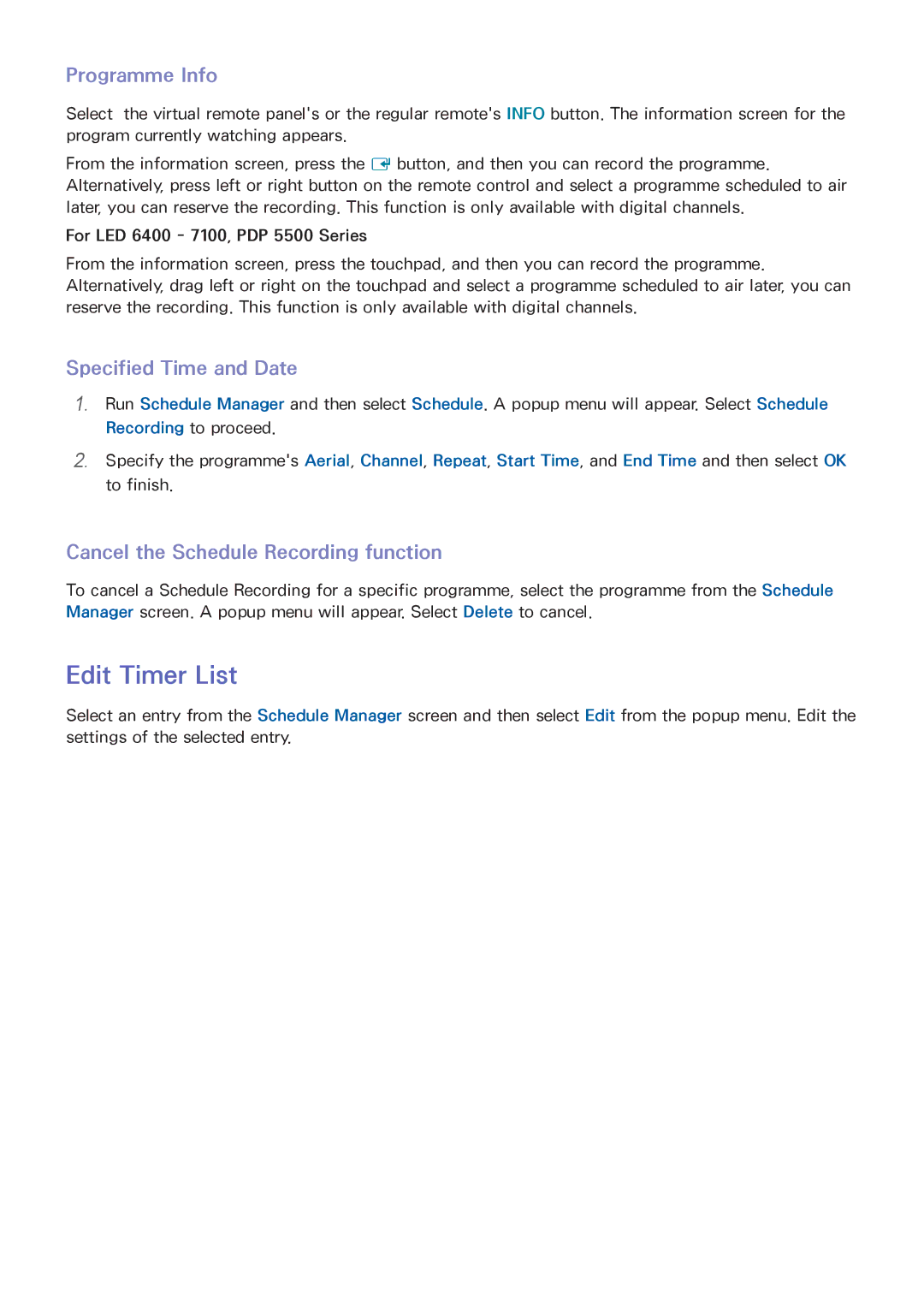 Samsung UA55F6400AMXSQ, UA40F5500AMXXS Edit Timer List, Specified Time and Date, Cancel the Schedule Recording function 