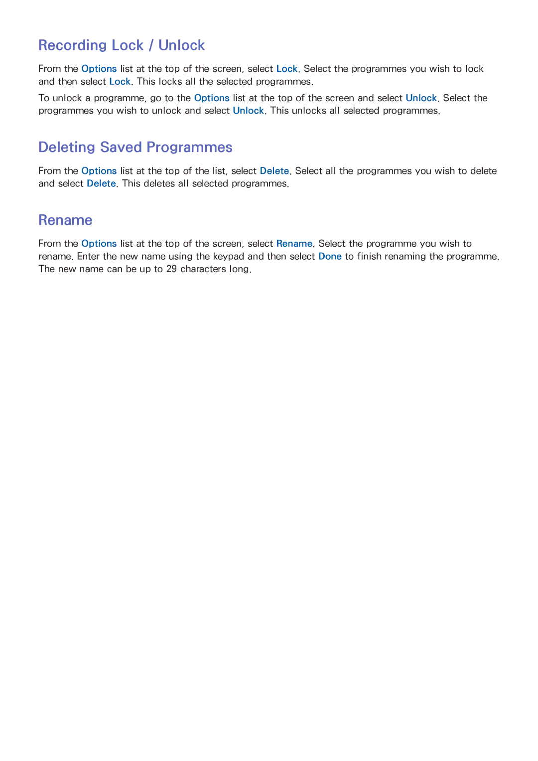 Samsung UA46F5500AMXSQ, UA40F5500AMXXS, UA40F5300AMXSQ manual Recording Lock / Unlock, Deleting Saved Programmes, Rename 