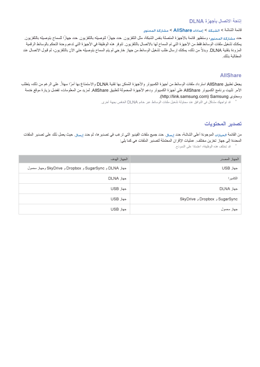 Samsung UA46F6400ARXUM, UA40F5500ARXUM, UA40F6800ARXUM, UA60H6300ARXMM تايوتحملا ريدصت, Dlna ةزهجأب لاصتلاا ةحاتإ, AllShare‎ 