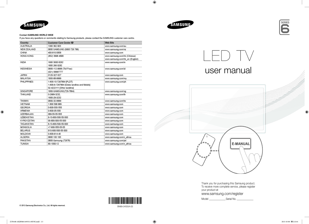 Samsung UA32F6100ARXUM manual 1300 362, Samsung 0800 726, 852 3698, 1800 3000 1800 266, Toll Free 021, 0120-327-527 