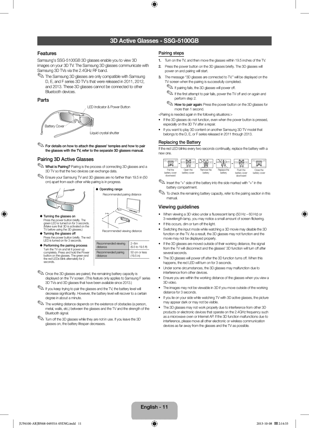 Samsung UA40F6100ARXXV, UA40F6100ARXUM, UA32F6100ARXUM 3D Active Glasses SSG-5100GB, Pairing steps, Replacing the Battery 