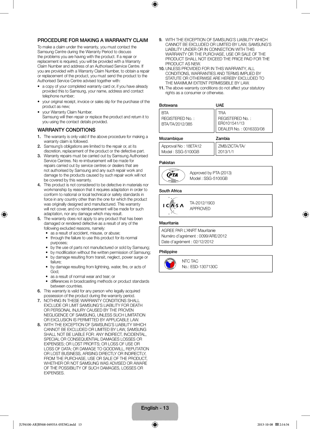 Samsung UA46F6100ARXXV Telephone number, You using the contact details provided, Warranty claim is followed, Botswana 