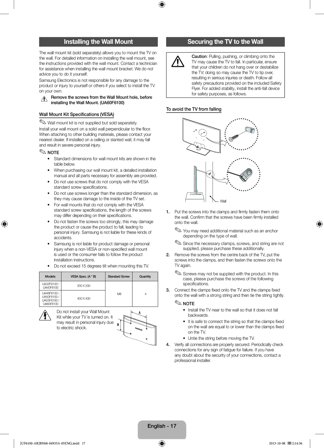 Samsung UA46F6100ARXUM manual Installing the Wall Mount, Wall Mount Kit Specifications Vesa, To avoid the TV from falling 