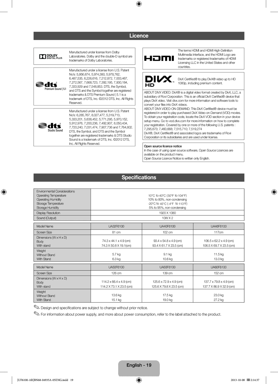 Samsung UA55F6100ARXXV, UA40F6100ARXUM, UA32F6100ARXUM, UA55F6100ARXUM, UA46F6100ARXUM, UA40F6100ARXXV Licence, Specifications 