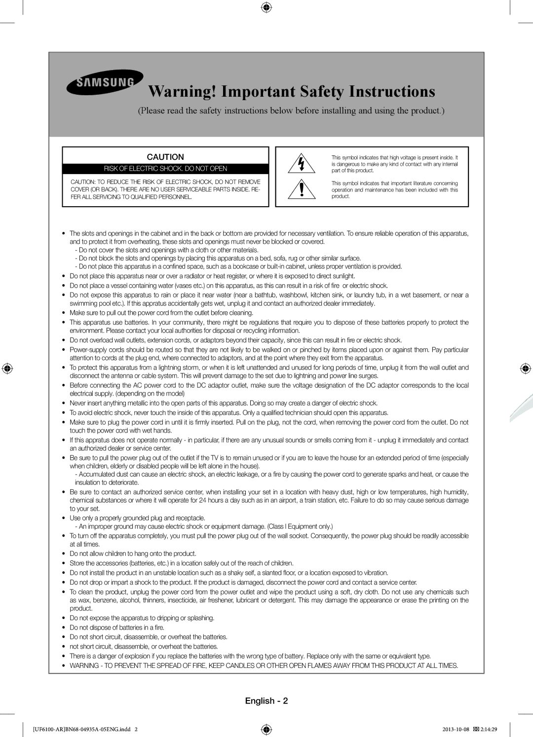 Samsung UA55F6100ARXUM, UA40F6100ARXUM, UA32F6100ARXUM, UA46F6100ARXUM manual English, Risk of Electric SHOCK. do not Open 