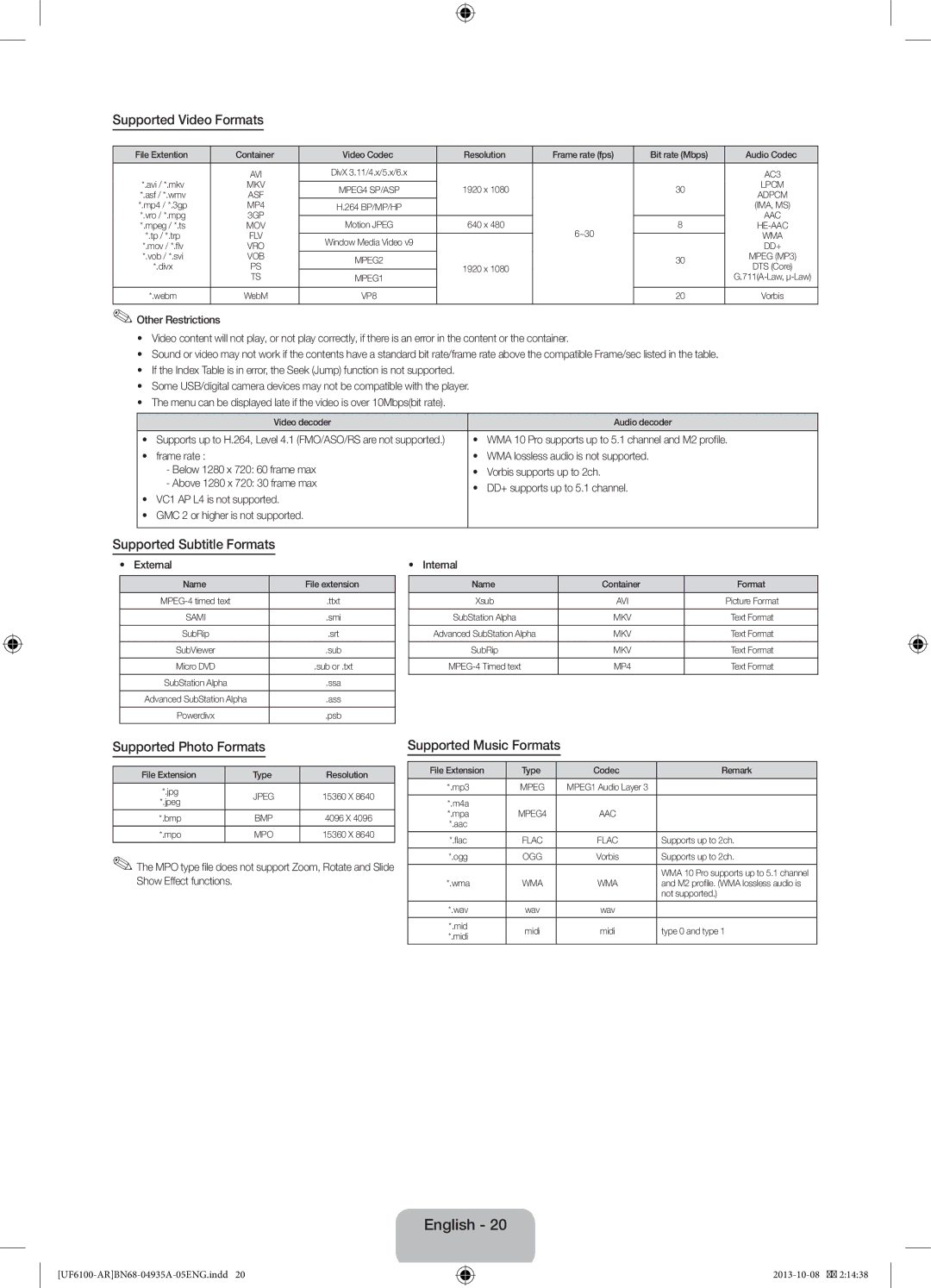 Samsung UA46F6100ARXXV, UA40F6100ARXUM manual Supported Video Formats, Supported Subtitle Formats, Supported Photo Formats 