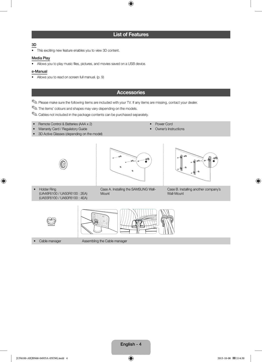 Samsung UA40F6100ARXXV, UA40F6100ARXUM, UA32F6100ARXUM, UA55F6100ARXUM List of Features, Accessories, Media Play, Manual 