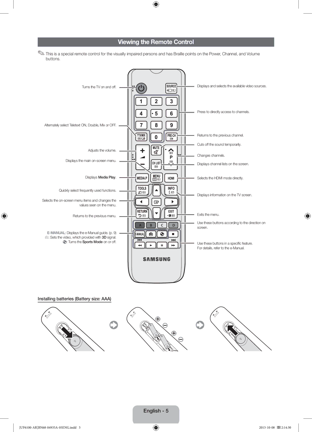 Samsung UA55F6100ARXXV Viewing the Remote Control, Installing batteries Battery size AAA, Returns to the previous menu 