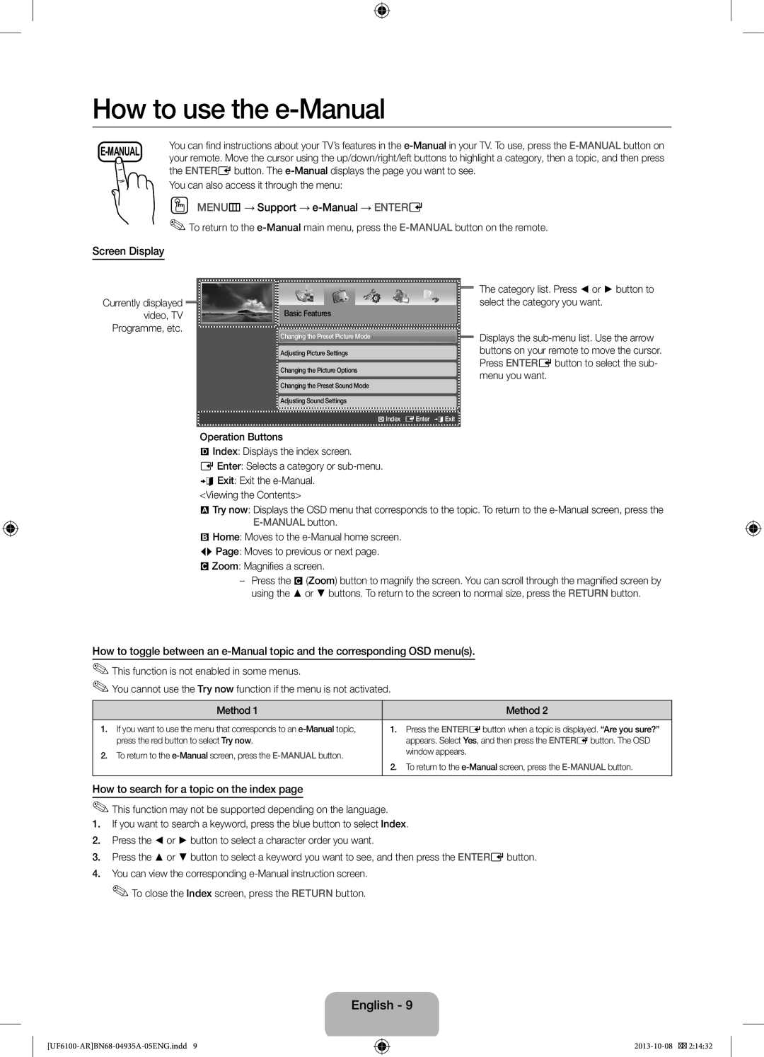 Samsung UA55F6100ARXUM manual OO MENUm→ Support → e-Manual → Entere, Screen Display, How to search for a topic on the index 