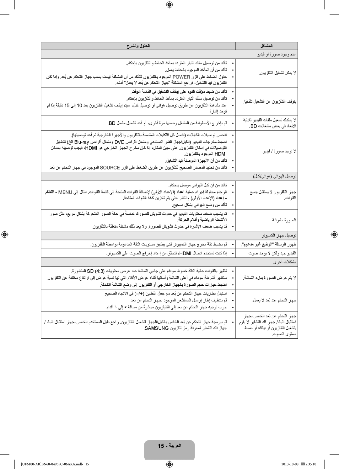 Samsung UA46F6100ARXUM, UA40F6100ARXUM manual 15 ةيبرعلا, تقولا ةمئاقلا يف ليغشتلا فاقيإ ىلع مونلا تقؤم طبض نم دكأت 