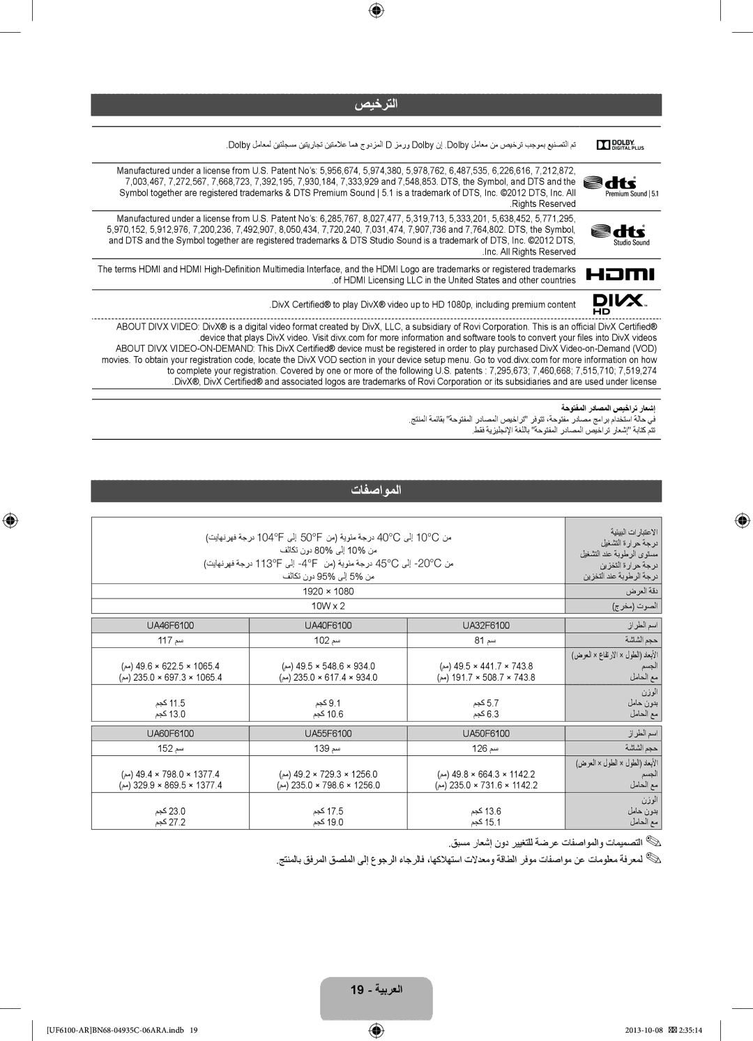 Samsung UA46F6100ARXUM, UA40F6100ARXUM, UA32F6100ARXUM, UA55F6100ARXUM manual صيخرتلا, تافصاوملا, 19 ةيبرعلا 