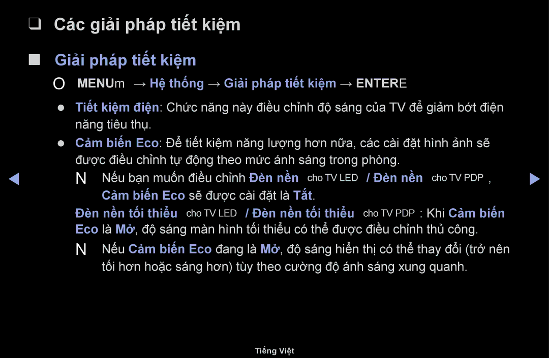 Samsung UA40F6100ARXXV manual Các giải pháp tiết kiệ̣m, Giải pháp tiết kiệ̣m, Cảm biến Eco sẽ̃ được cài đặt là Tắt 