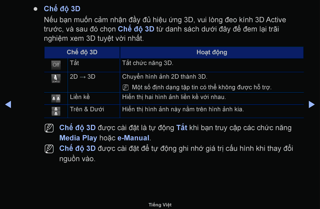 Samsung UA55F6100ARXXV, UA40F6100ARXXV, UA46F6100ARXXV manual Chế độ 3D, Chế độ̣ 3D Hoạ̣t độ̣ng 
